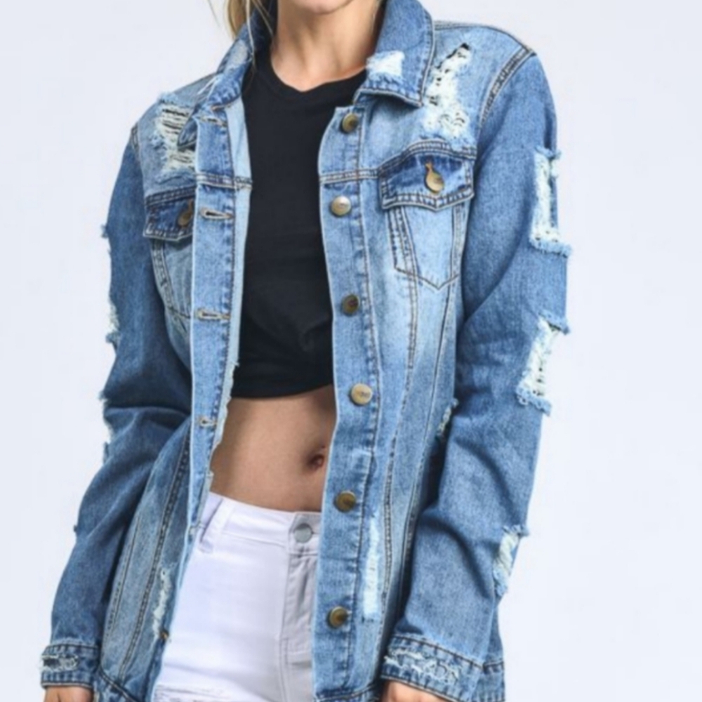 mono b Distressed Denim Jean Jacket Sz Medium